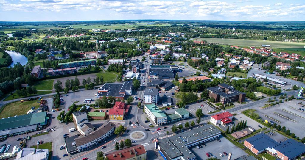The city center of Huittinen photographed from above in the summer.